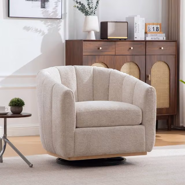 Poltrona girevole a 360° con base rotonda in ciniglia beige