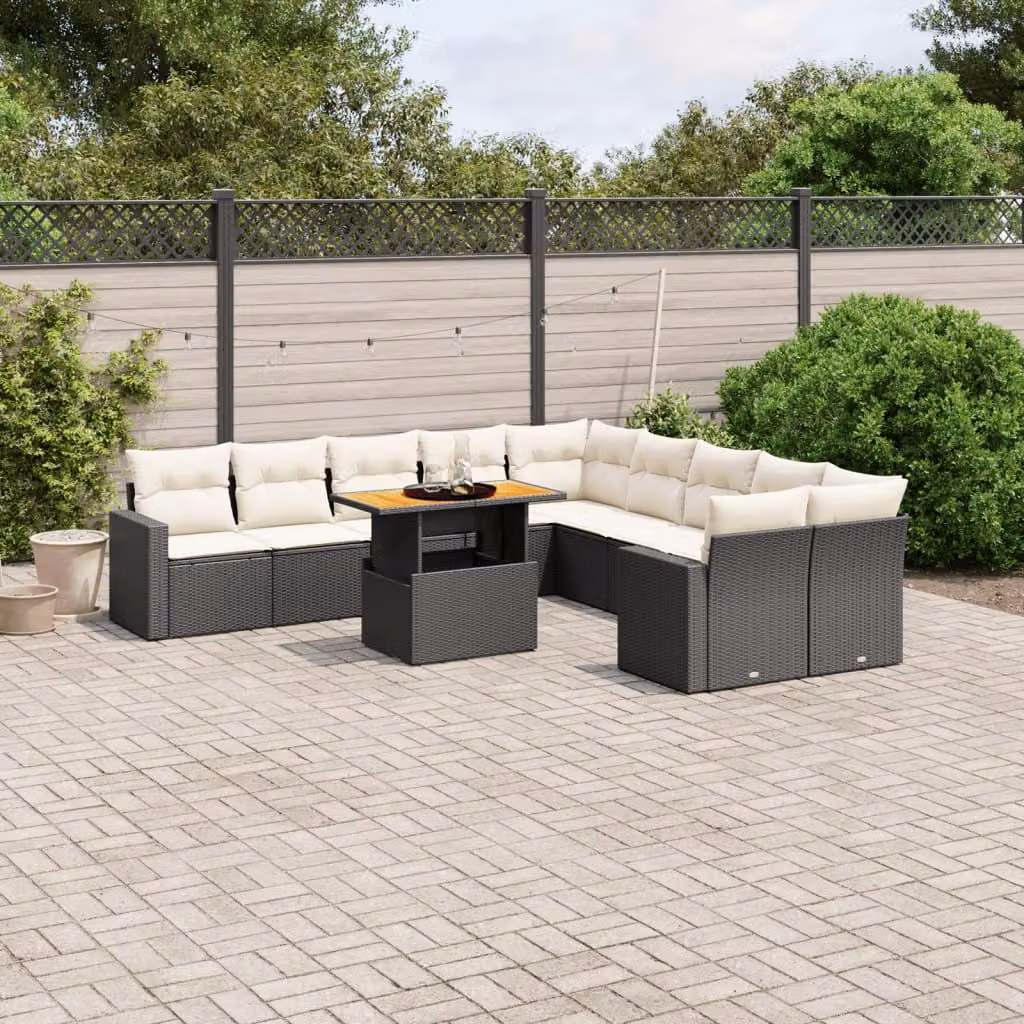 vidaXL Set Divani da Giardino 11 pz in Polyrattan Nero con Cuscini e Tavolino da Esterno – 1