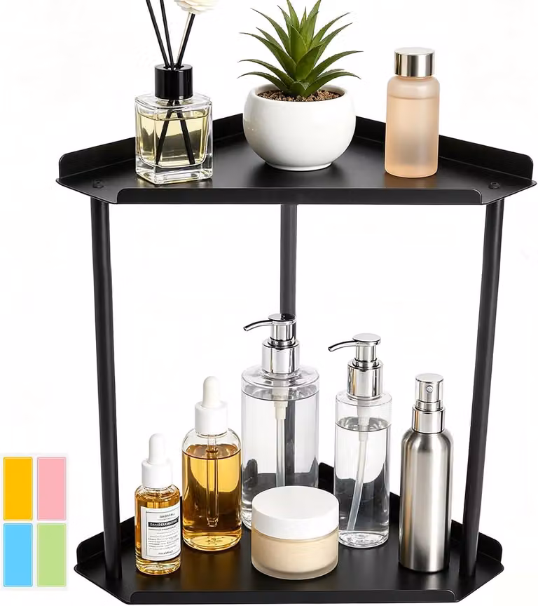 Scaffale metallico nero, 2 ripiani, da posizionare a terra, compatto, ideale per bagno e cucina