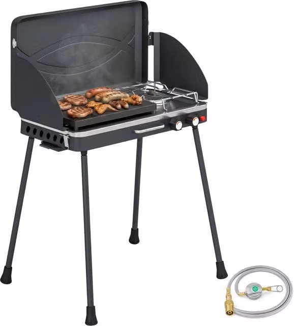 BBQ a Gas Propano Portatile 2-in-1 DESIGN IN con Griglia e Fornello Laterale, 7KW, Nero – 1