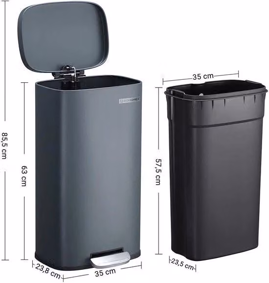Cestino con pedale Songmics da 30L grigio con chiusura morbida e secchiello interno rimovibile in acciaio rivestito