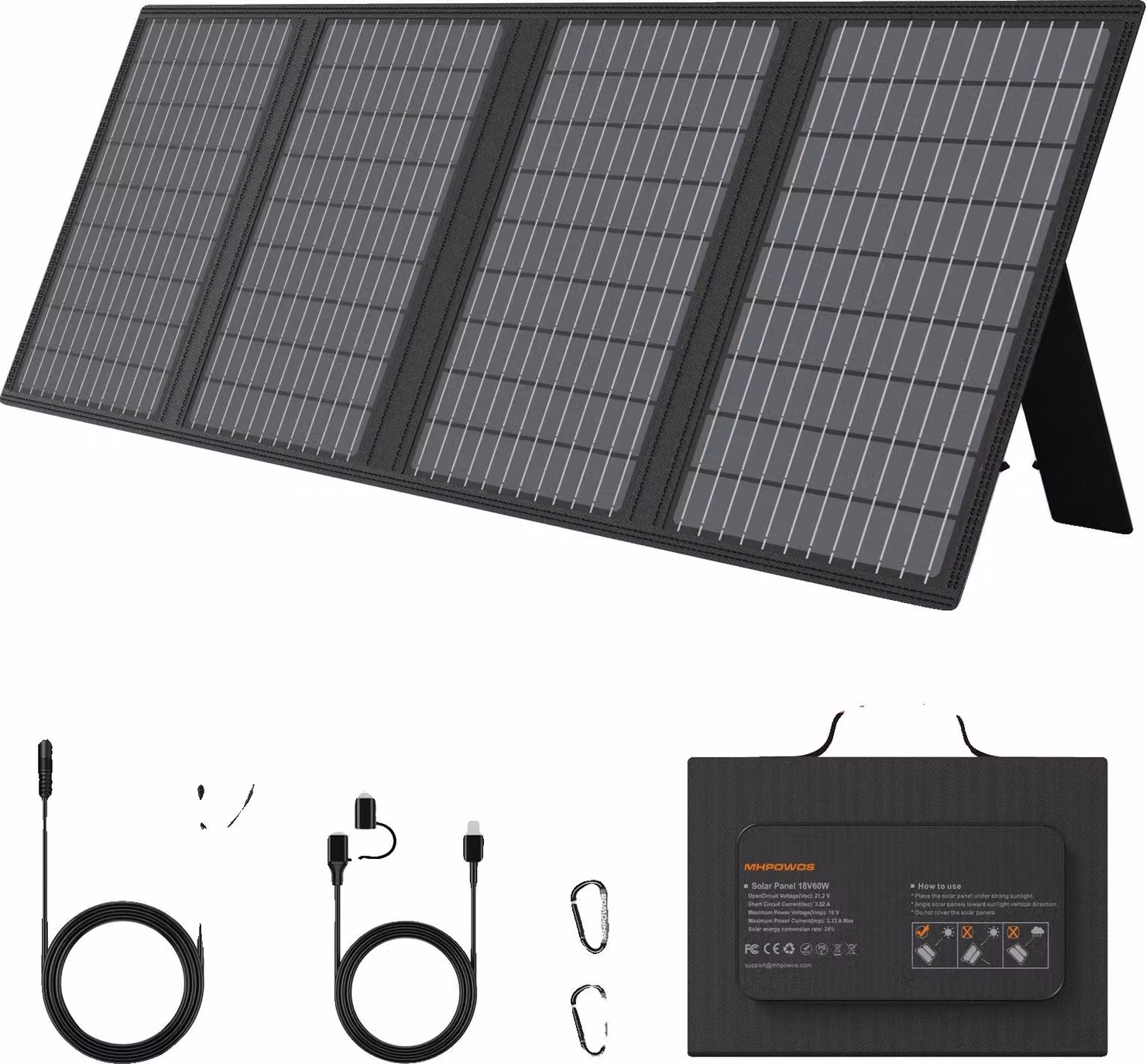 Pannello solare, 60W di ricarica portatile, opzioni di uscita USB, nero