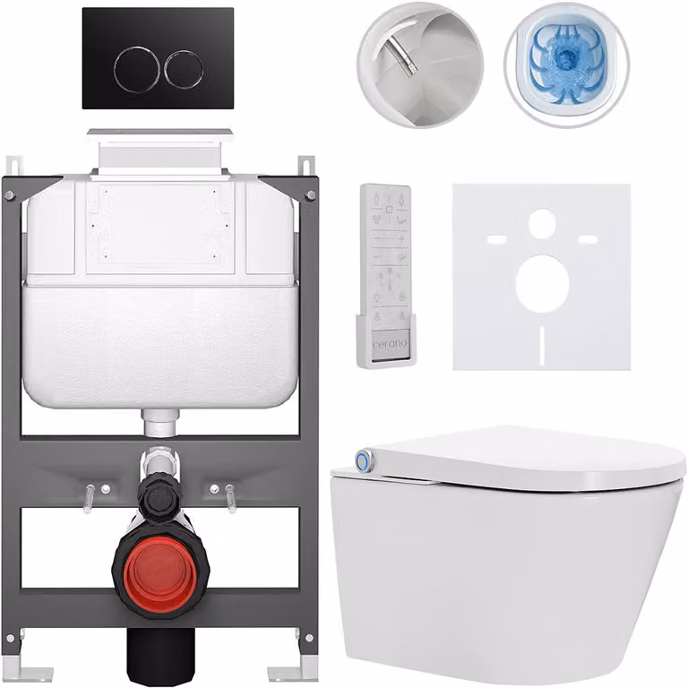 Water WC sospeso con bidet Basic/Cronus Premium - bianco lucido - pulsante WC Dualo/nero - azionamento superiore - installazione a parete - 59,3 x 38,4 cm