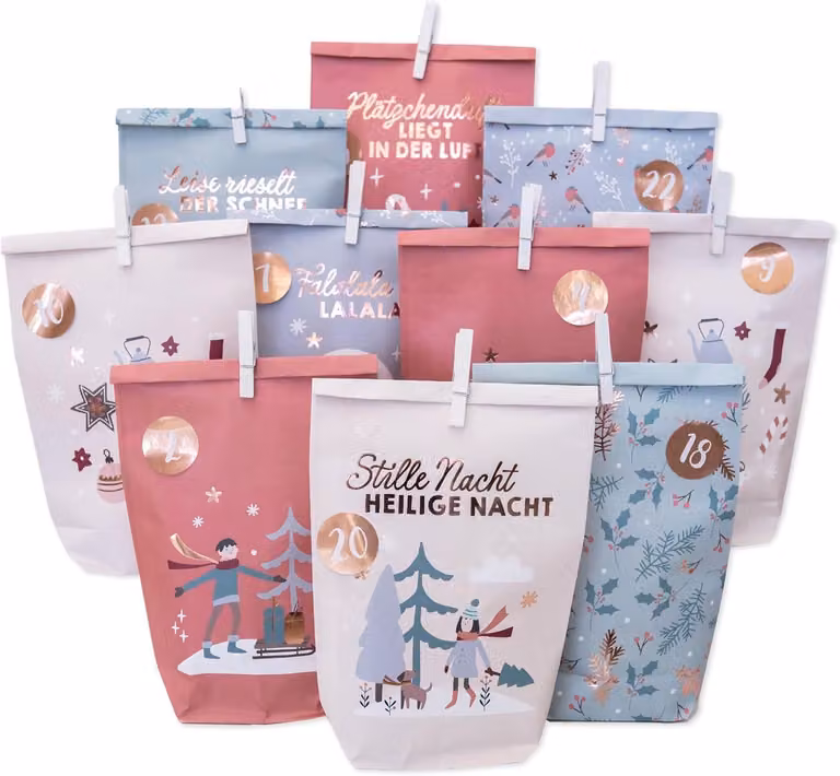 Calendario dell'Avvento 2025, Natale gioioso - Da riempire personalmente - 24 sacchetti di carta con adesivi numerati - Fai da te - Kit creativo