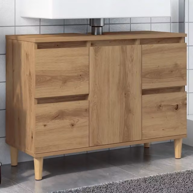 Mobile Lavabo Rovere Artigianale in Legno Multistrato Marrone con Ante e Cassetti, L 80 cm x P 33 cm x H 60 cm – 1