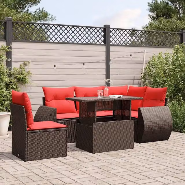Set da giardino moderno vidaXL composto da 6 pezzi con cuscini marroni e rossi in polyrattan e struttura in metallo con tavolino da caffè – 1