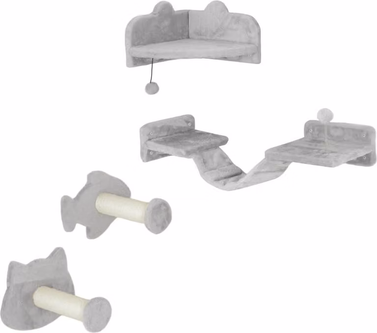 Set Moonbite per gatti, da montare a parete, composto da 4 elementi: scala, gradini a forma di gatto e pesce, piattaforma angolare e tiragraffi. Design salvaspazio, realizzato in legno, colore grigio chiaro
