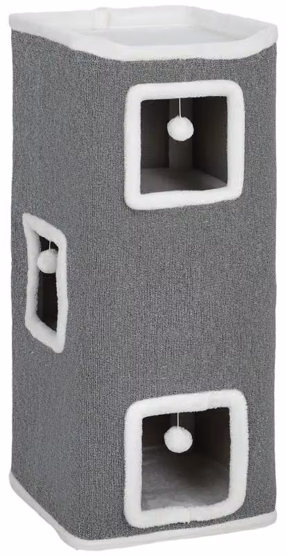 Moonbite, tiragraffi a 4 piani con 3 rifugi, torre per gatti alta 100 cm, con palline morbide, adatta per 1-2 gatti fino a 7 kg, realizzata in poliestere, colore grigio
