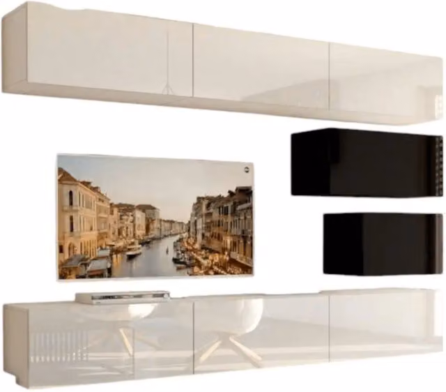 Set di mobili da soggiorno bianchi e neri sospesi collezione CEPTO XVI 249cm, 8 pezzi, modulari.
