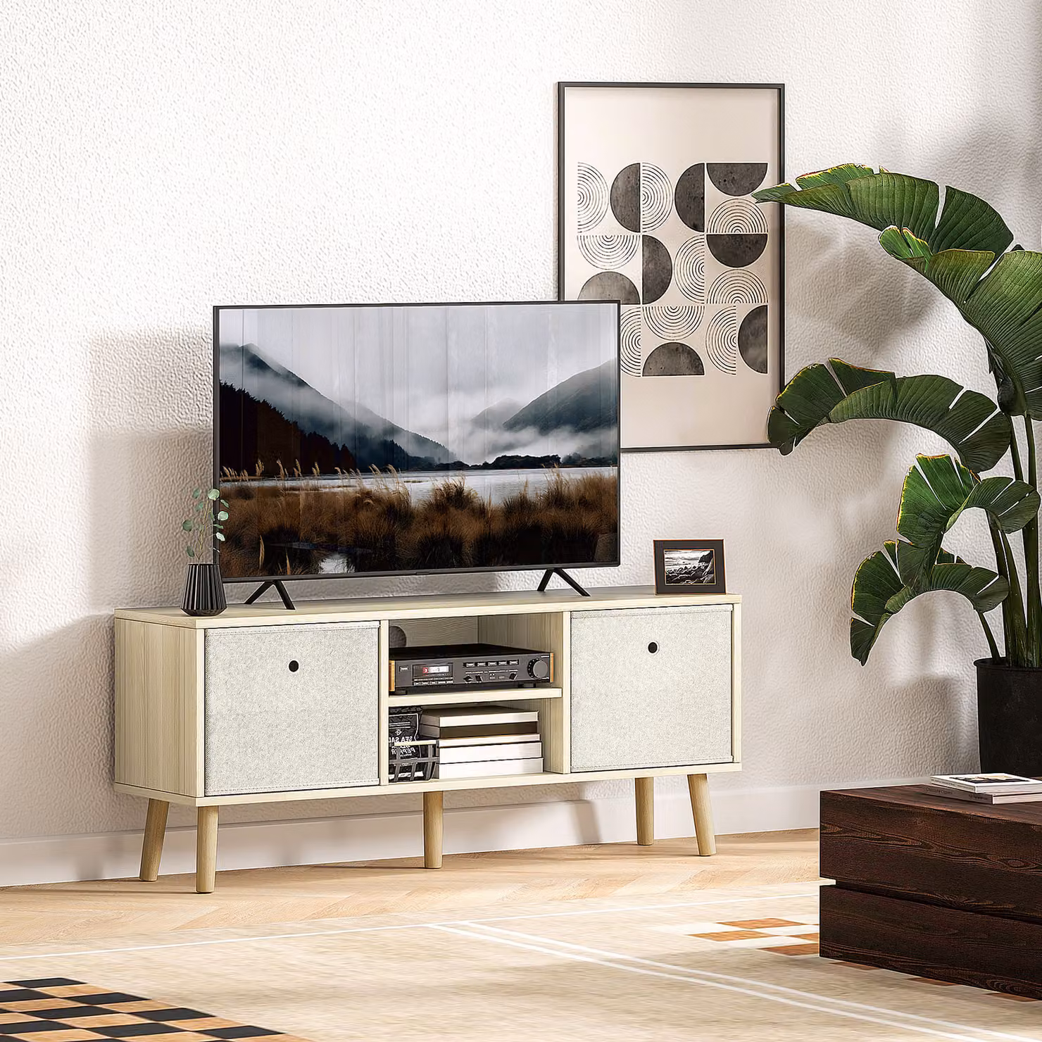 Mobile TV HOMCOM per schermi fino a 50 pollici con 2 cassetti rimovibili e 2 ripiani aperti, Color Legno Beige, L 110 x P 29 x H 46,5 cm – 2