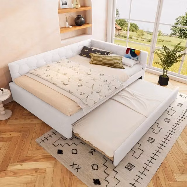 Letto rosa 140x200 cm con rete a doghe e letto estraibile; lampada; USB e Type C; velluto e MDF
