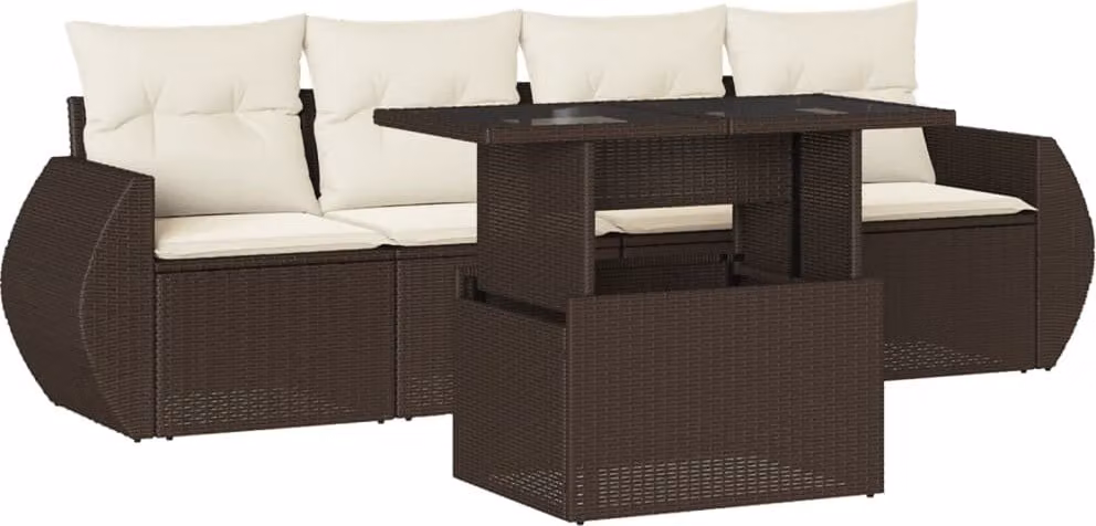 Set Divano da Giardino 5 pz con Cuscini Marrone in Polyrattan
