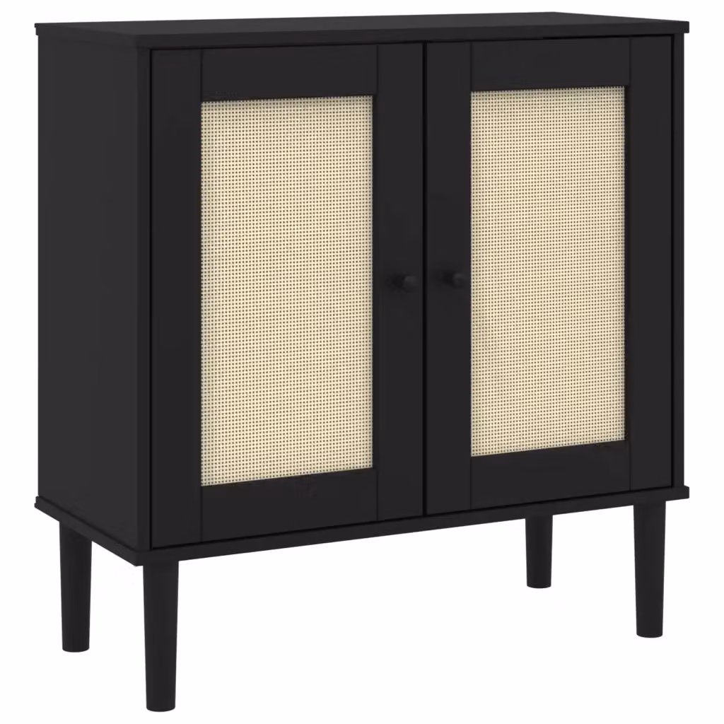 Credenza vidaXL in legno di pino massello con dettagli in rattan nero stile boho L: 80 cm, P: 35 cm, H: 80 cm – 2