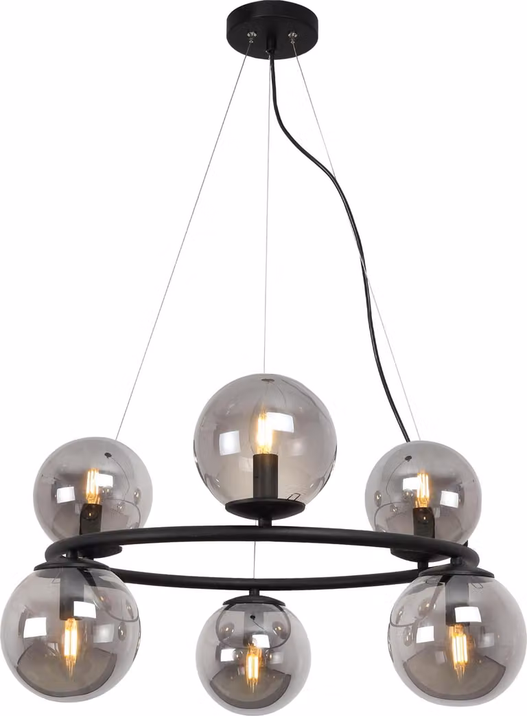 Lampada a sospensione Aura nero 6 luci vetro grigio fumo E15