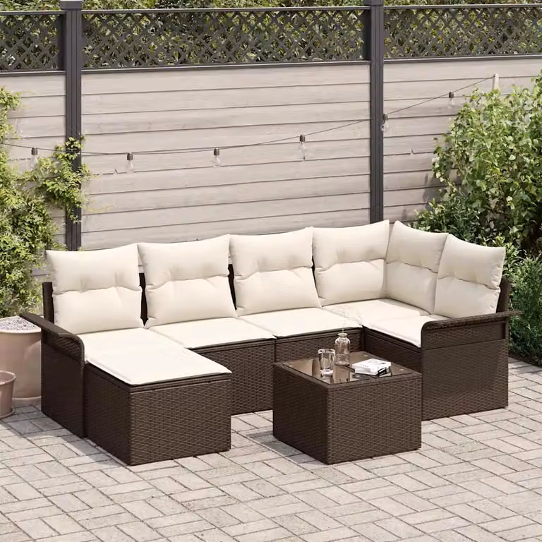 Set Divano da Giardino vidaXL 7 Pezzi in Polyrattan Marrone e Beige con Cuscini e Tavolino da Esterno