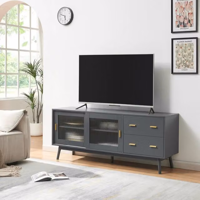 Mobile Porta TV Susa en.casa con cassetti e ante scorrevoli in vetro scanalato, Grigio, L/P/H: 160 x 40 x 65 cm