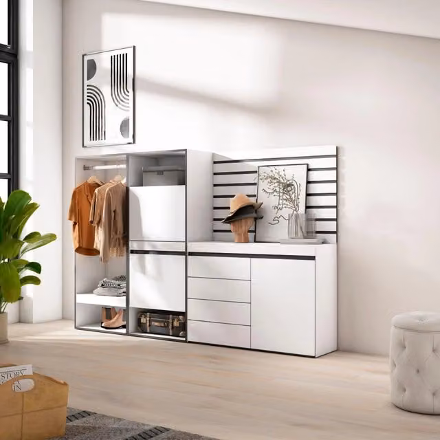 Scarpiera, 227x35x145cm, Camera da letto, Armadio Aperto, Cassettiera, Pannelli Decorativi, Bianco RF3501