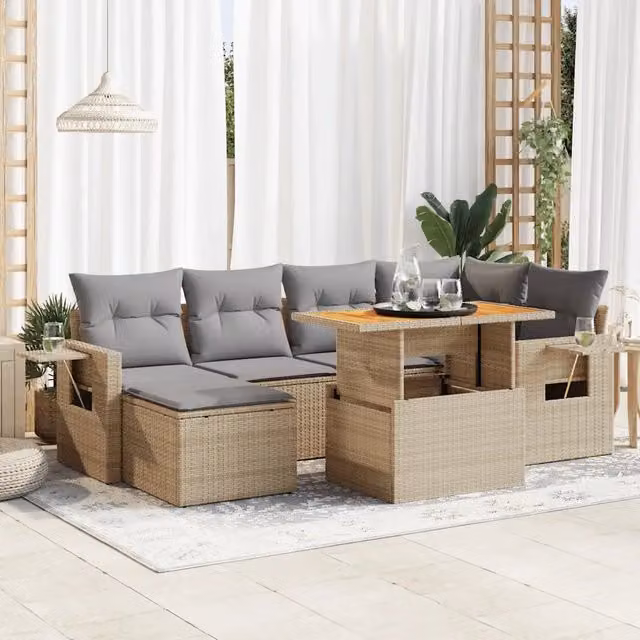 Set Divani da Giardino 7 pz con Cuscini Beige in Polyrattan 3327174