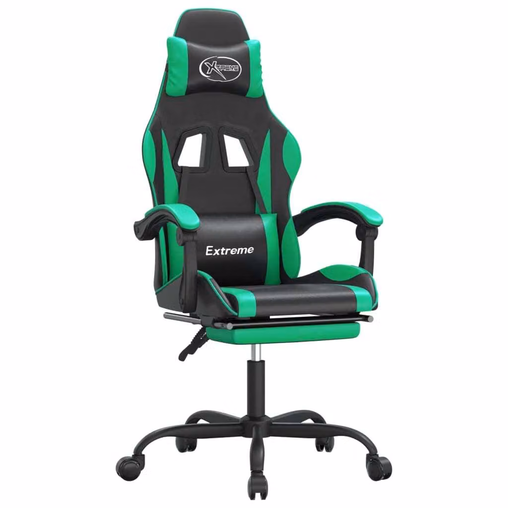 Sedia da Gaming con Poggiapiedi Nero e Verde in Pelle finta