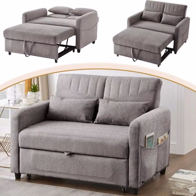 Divano letto 166x95 cm con schienale regolabile; tessuto in cotone e lino; grigio
