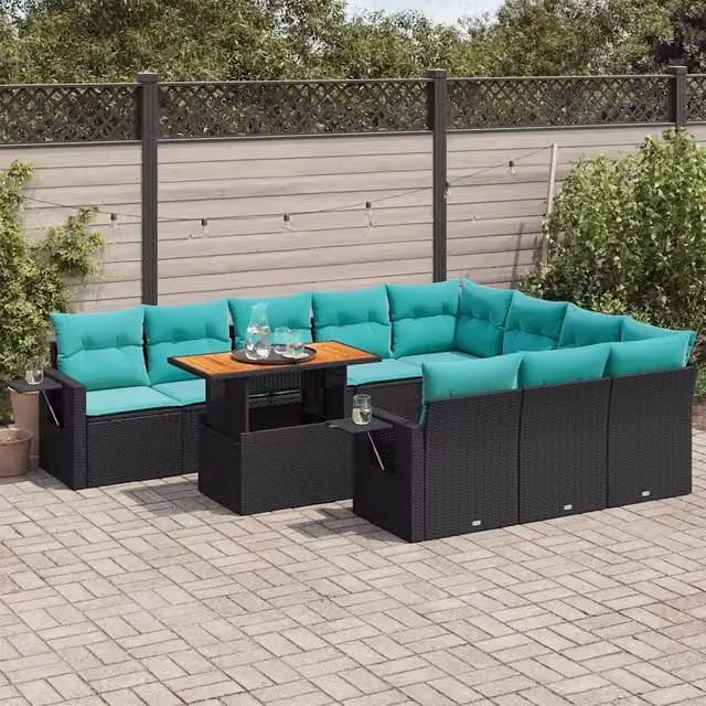 Set di Divani da Giardino vidaXL 11 Pezzi con Cuscini Blu e Nero in Polyrattan e Acciaio
