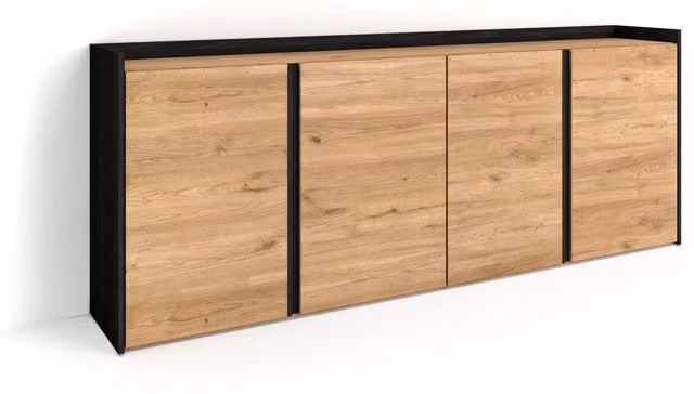 Credenza, Mobile, Cucina, 207x80x35 cm, 4 Porte, grande stoccaggio, Rovere e nero