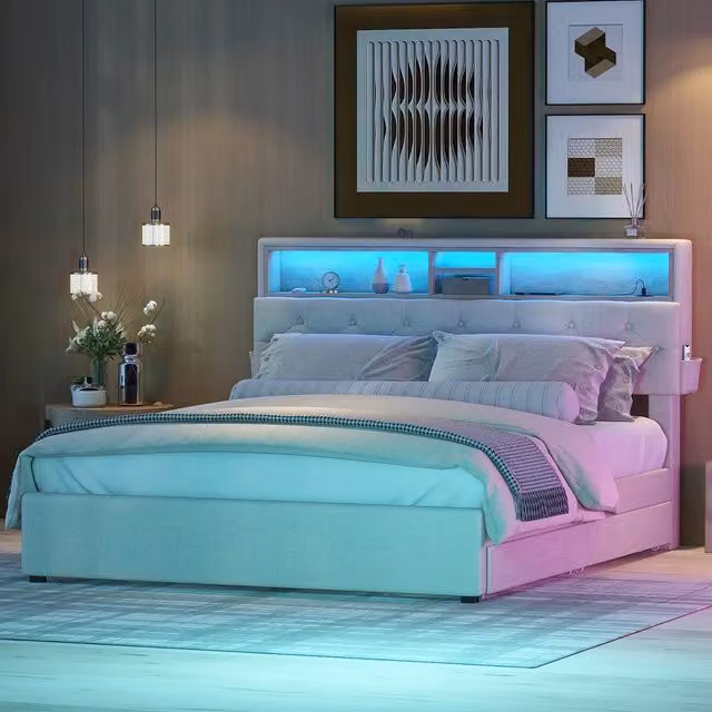Letto imbottito contenitore con testiera regolabile LED USB ¨C Minimal ¨C Beige 140x200 cm 4 cassetti