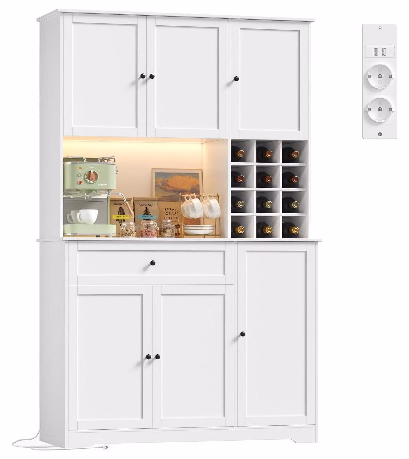 Mobiletto da cucina/credenza con illuminazione a LED e presa multipla, 180 cm, bianco