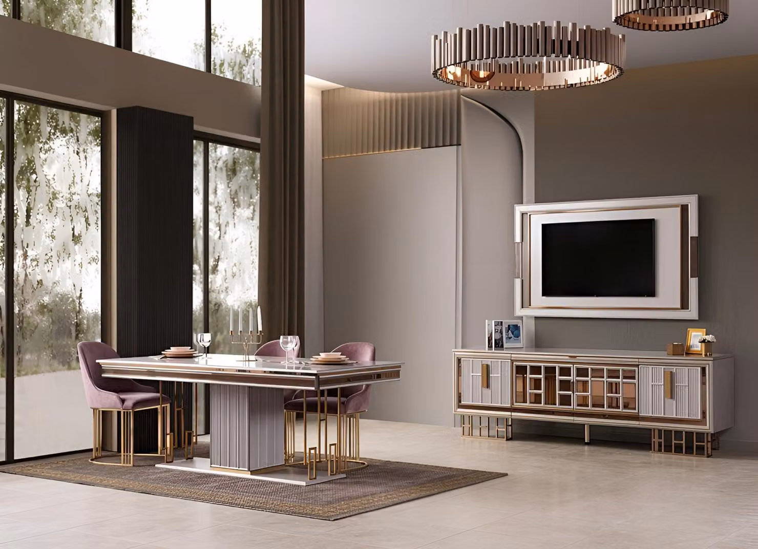 Set per sala da pranzo: tavolo da pranzo, 4 sedie, mobile TV, colore grigio, stile moderno ed elegante