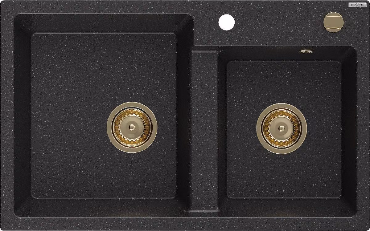 Mexen Tomas lavello in granito a 2 vasche 800 x 500 mm, nero/argento metallizzato, sifone dorato - 6516802000-73-G