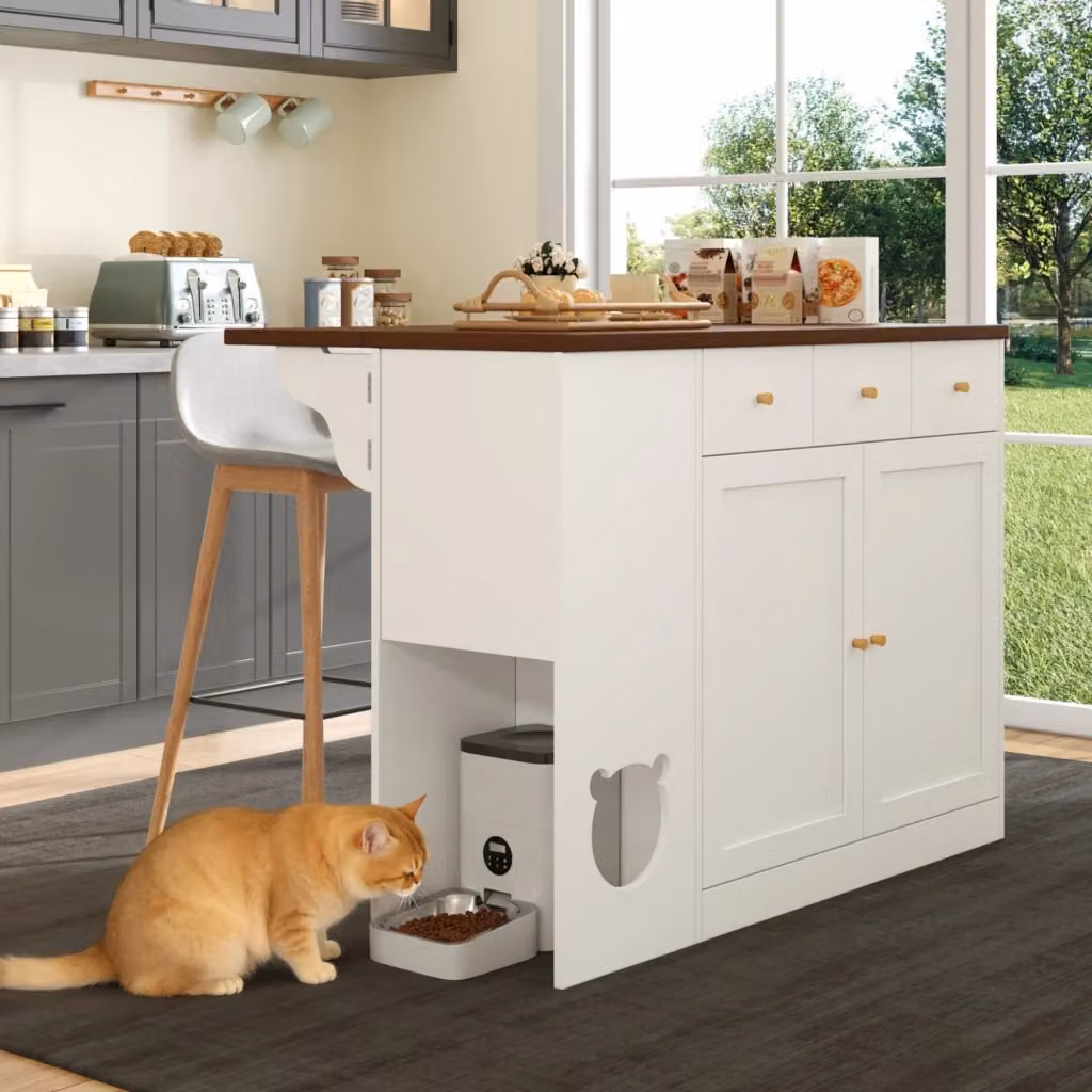 Isola cucina WISHDOR moderna con piano estraibile, 3 cassetti, 2 ante e area pet friendly, bianco e noce, L: 120 cm, P: 40/70 cm, H: 90 cm – 2