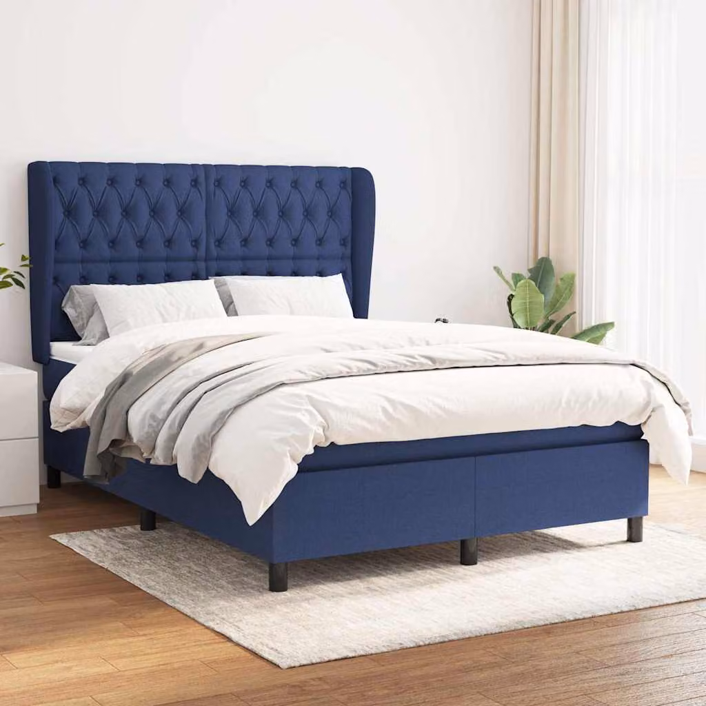vidaXL Giroletto a Molle con Materasso Ibrido in Tessuto Blu e Bianco L/P/H: 140 x 190 cm – 1
