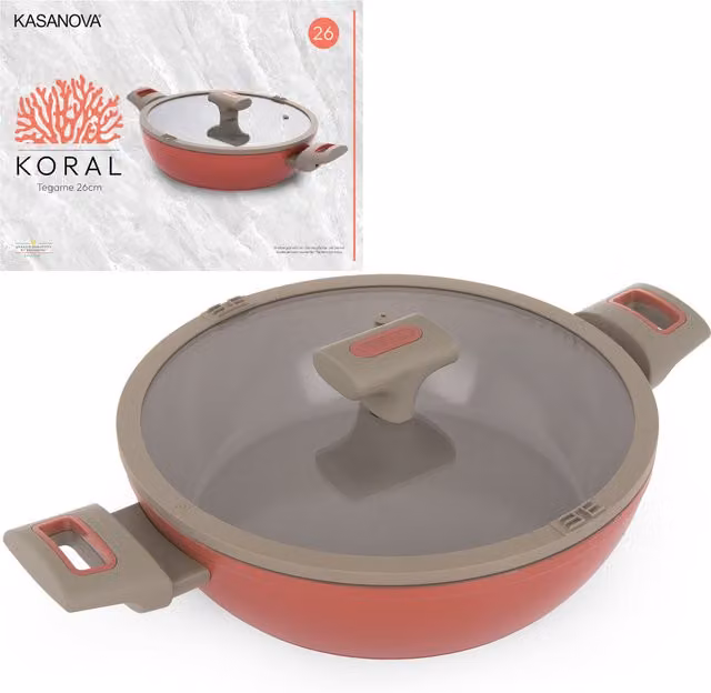Tegame Kasanova Koral con coperchio in vetro, antiaderente in ceramica, diametro 26 cm, colori arancione e rosso