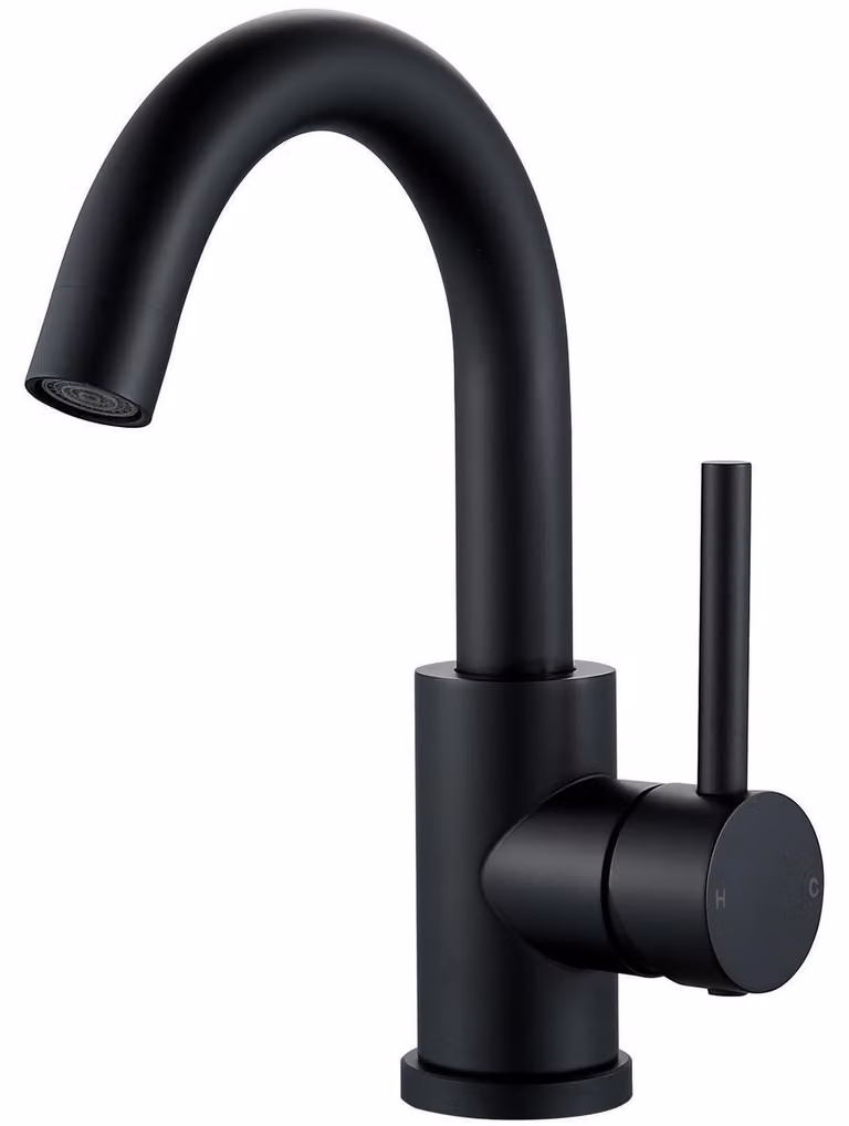 Miscelatore monocomando per lavabo, acciaio inossidabile, rotazione a 360°, finitura nera opaca, altezza del beccuccio 150 mm