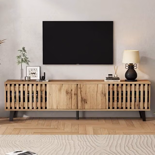 Mobile TV 180x40x55 cm, colore legno naturale, 8 vani aperti, supporto per TV fino a 70 pollici, consolle entertainment per soggiorno
