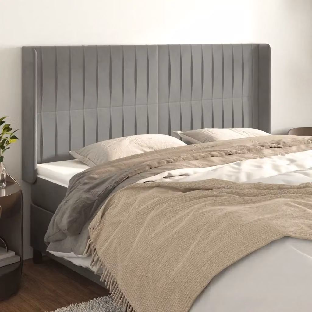 Testata del letto ad orecchio in velluto grigio chiaro con struttura in legno e MDF, L: 183 cm, P: 16 cm, H: 118/128 cm – 2