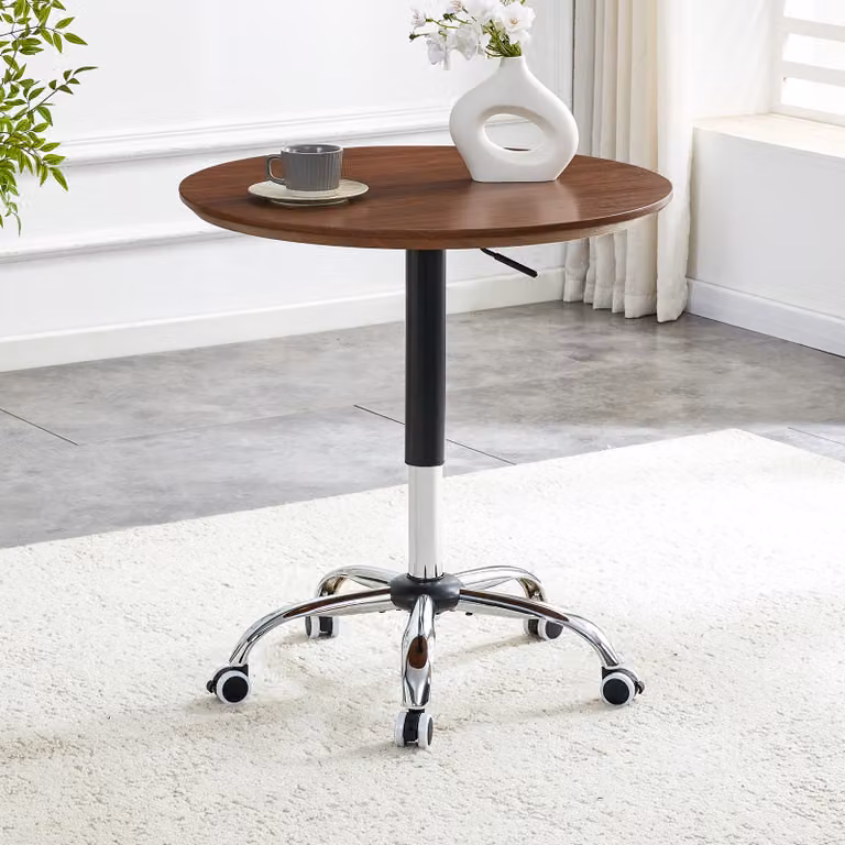 MODFU: Tavolino da divano regolabile in altezza, tavolino laterale rotondo, tavolino da bar con ruote e sistema di frenatura, diametro 70 cm, noce