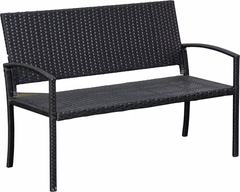 Panchina da giardino in polyrattan a 2 posti con struttura in acciaio e intreccio, per giardino e terrazza, nera, L 122 x P 60 x H 85 cm