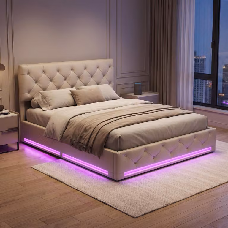 Letto matrimoniale con boxspring INONEFT, 140x200 cm, con illuminazione LED, struttura imbottita con poggiatesta regolabile in altezza, contenitore per riporre oggetti, rete a molle, materiale: PU, colore: beige