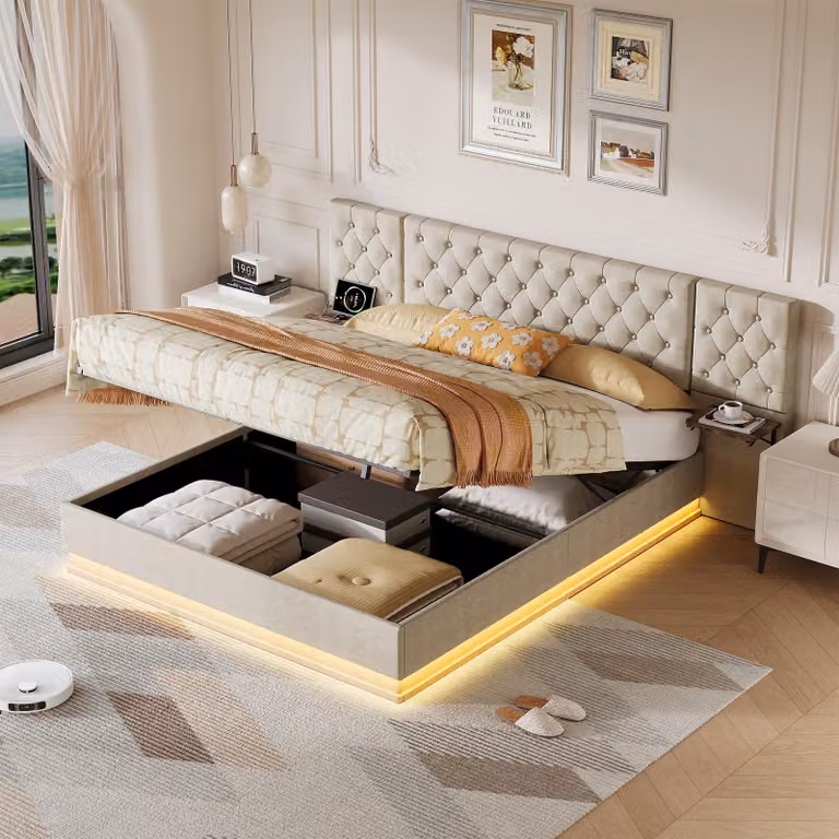 Letto imbottito ProximaX, 140x200 cm, color beige, effetto lino, con contenitore, illuminazione LED RGB e funzione di ricarica