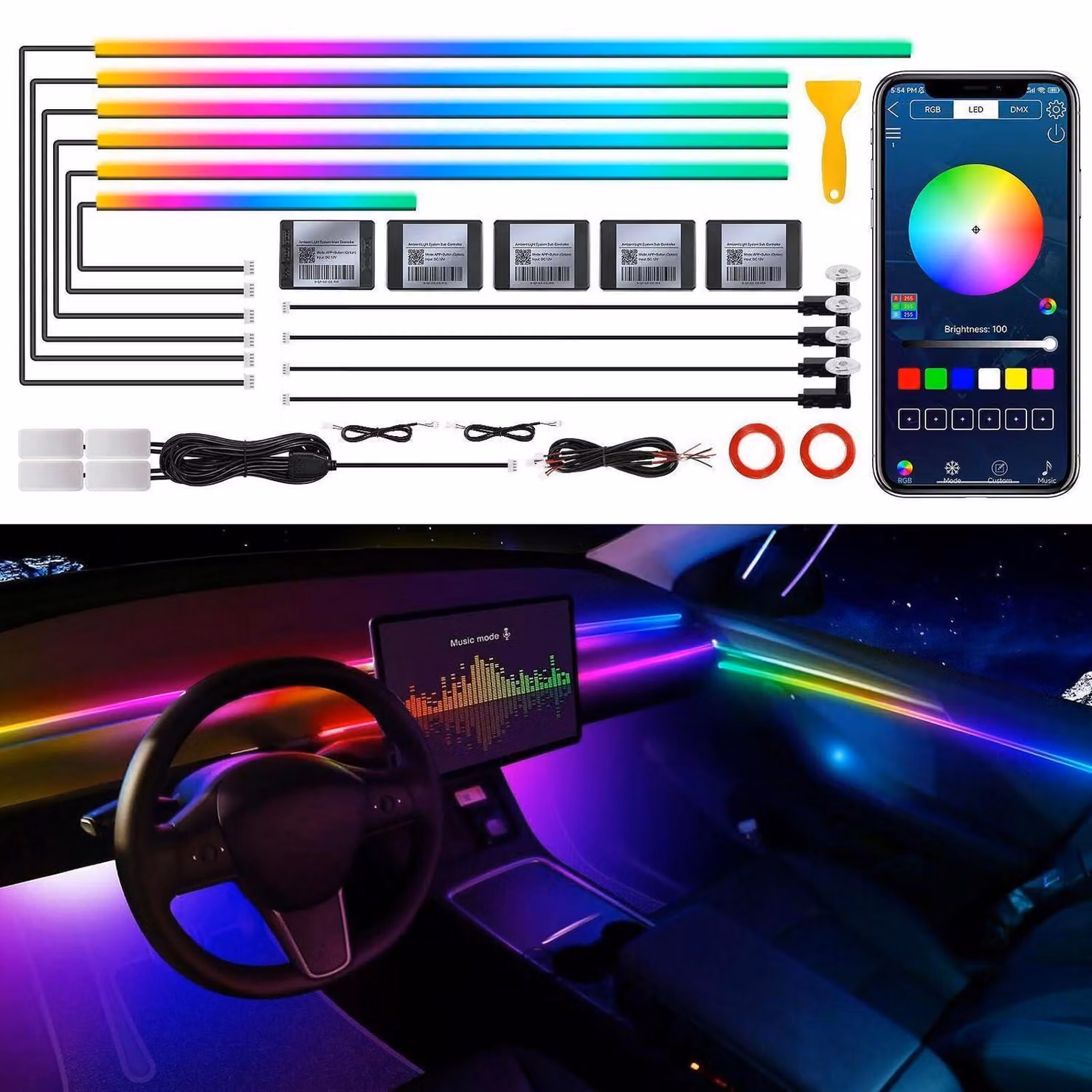 Illuminazione ambientale a LED per auto, interni, acrilico, RGB, controllo tramite app, sincronizzazione con la musica, 175 pollici