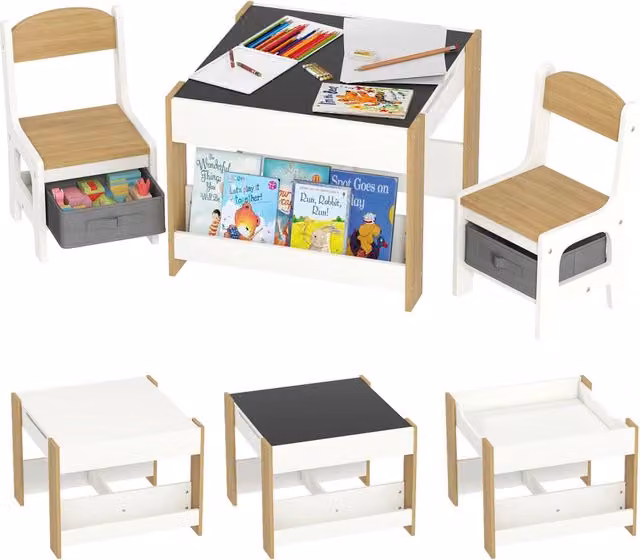Set Tavolo per Bambini Minimal con Sgabelli e Pannello Bianco e Beige L: 90 cm, P: 50 cm, H: 55 cm