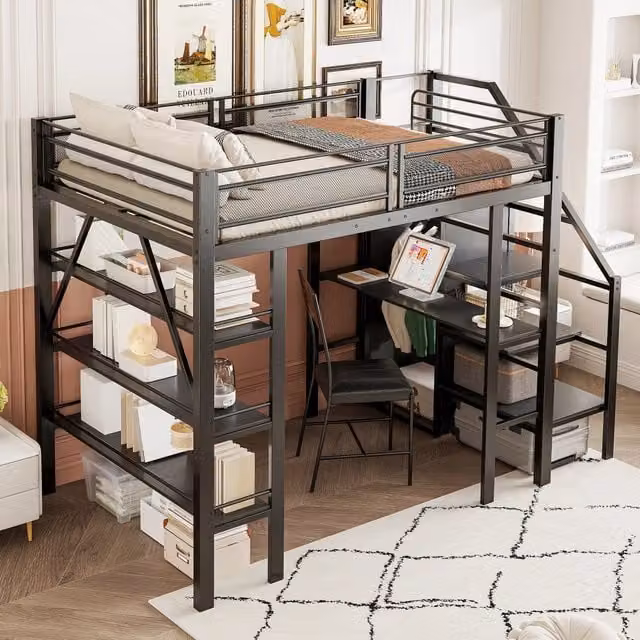 Letto a soppalco 140 × 200 cm 2 posti con scrivania, armadio, mensole e scala contenitore, senza materasso, nero