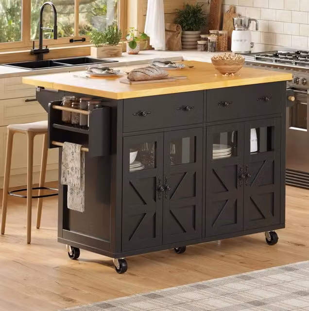 Isola cucina mobile con piano estraibile e 5 ruote; MDF nero; 140 x 73 x 93;5 cm