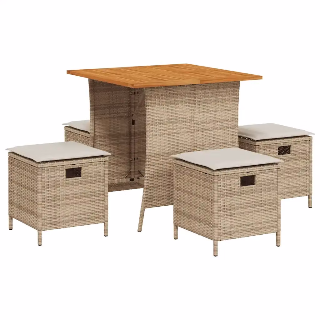 Set da pranzo da giardino vidaXL in legno di acacia e polyrattan con 5 pezzi e cuscini beige e bianchi – 2