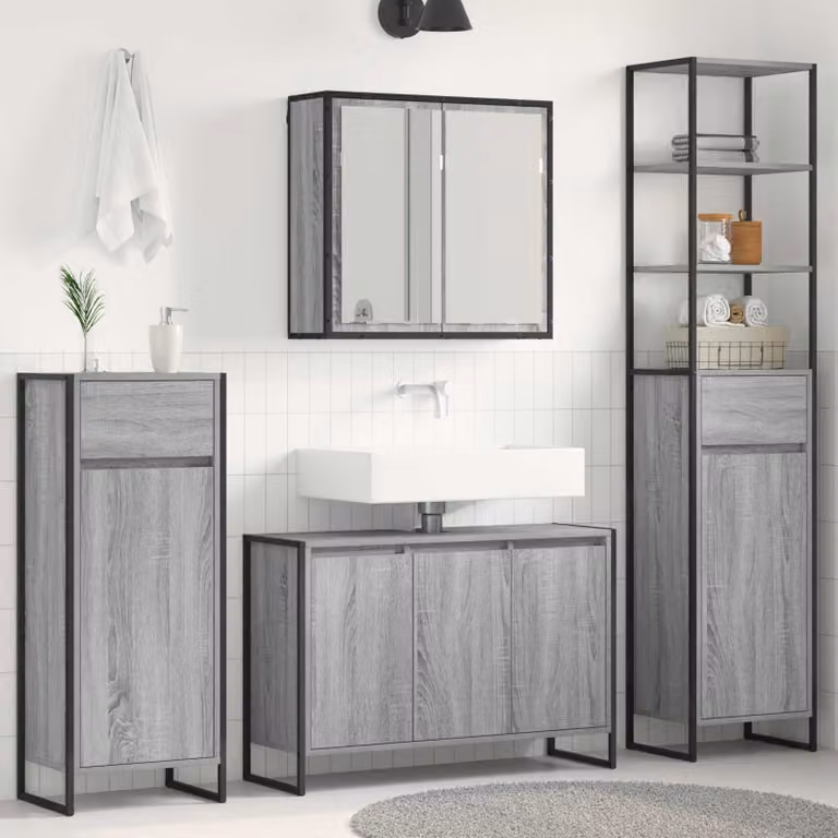 Set di mobili per il bagno moderno vidaXL in 4 pezzi Grigio con base lavabo, pensili e specchio