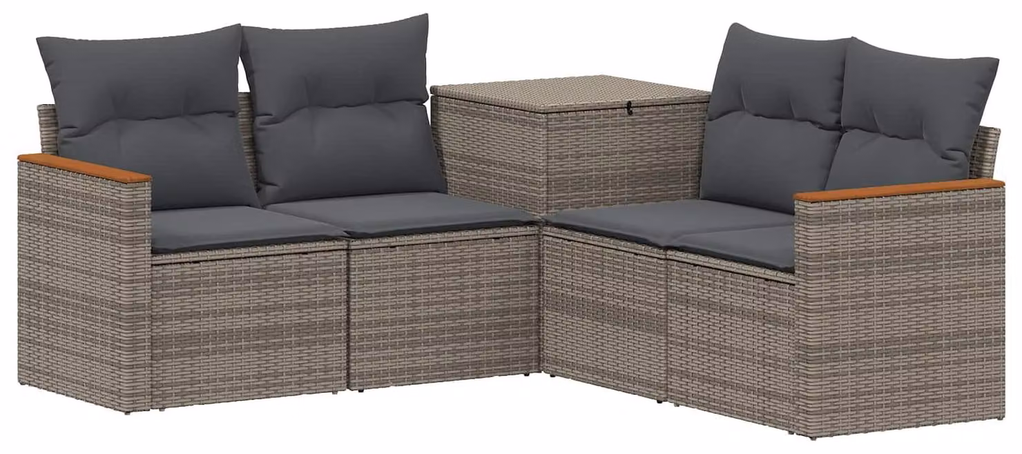 Set di divani da esterno, 5 pezzi. Colore: grigio e grigio scuro. Materiali: rattan sintetico e acciaio