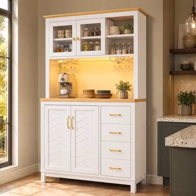 Credenza Mivray con LED controllabile tramite app, cassetti e ripiani in MDF e metallo, colore bianco, L: 105.5 cm, P: 40 cm, H: 180 cm