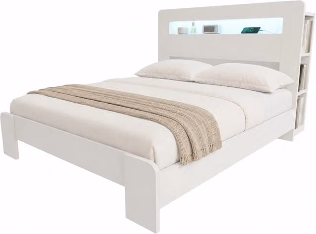 Letto matrimoniale 140x200 cm con testiera contenitore; LED e prese integrate; bianco