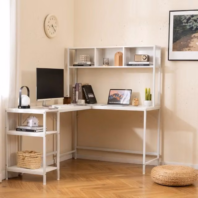 Scrivania per computer a forma di l con pensile ripiani e gancio libreria-Scrivania per computer ufficio domestico Bianco